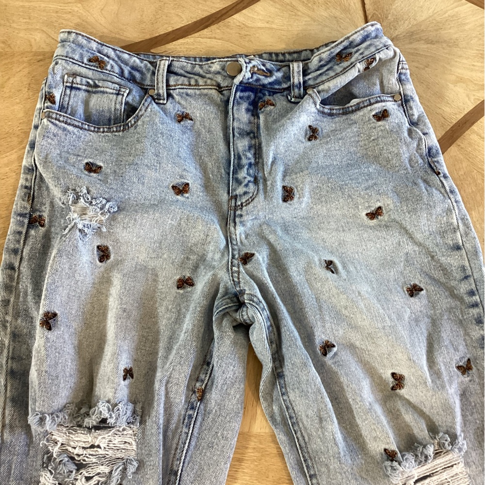 Material Girl Light Wash Boyfriend Jeans with Brown Butterfly Embroidery